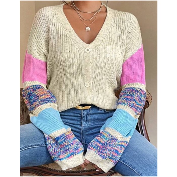 Cozy Color Block Button Down Oversized Sweater Top - Picture 2 of 5